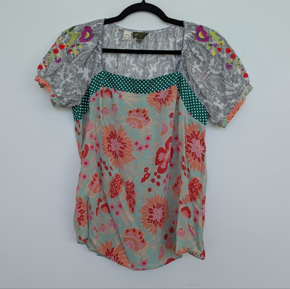 Anthropologie Fei Flores Peasant Puff Sleeve Blouse Polka Dot Floral Silk Sz S